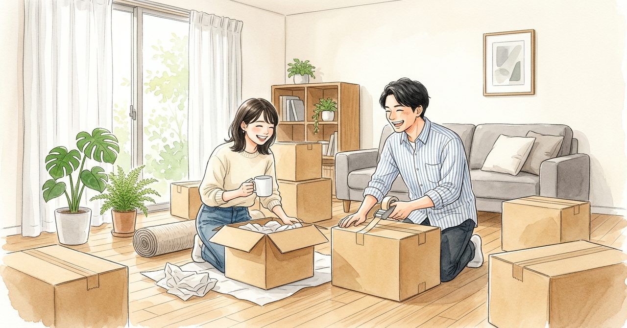 文京区の新居リビングで荷解きをする家族をやさしい色合いで描いた見出しの絵（文字なし）