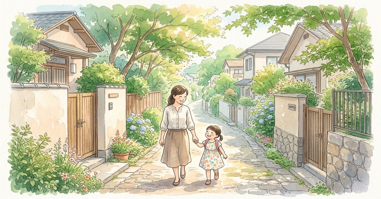 文京区役所(文京シビックセンター)と街並みをやさしい色合いで描いた見出しの絵(文字なし)