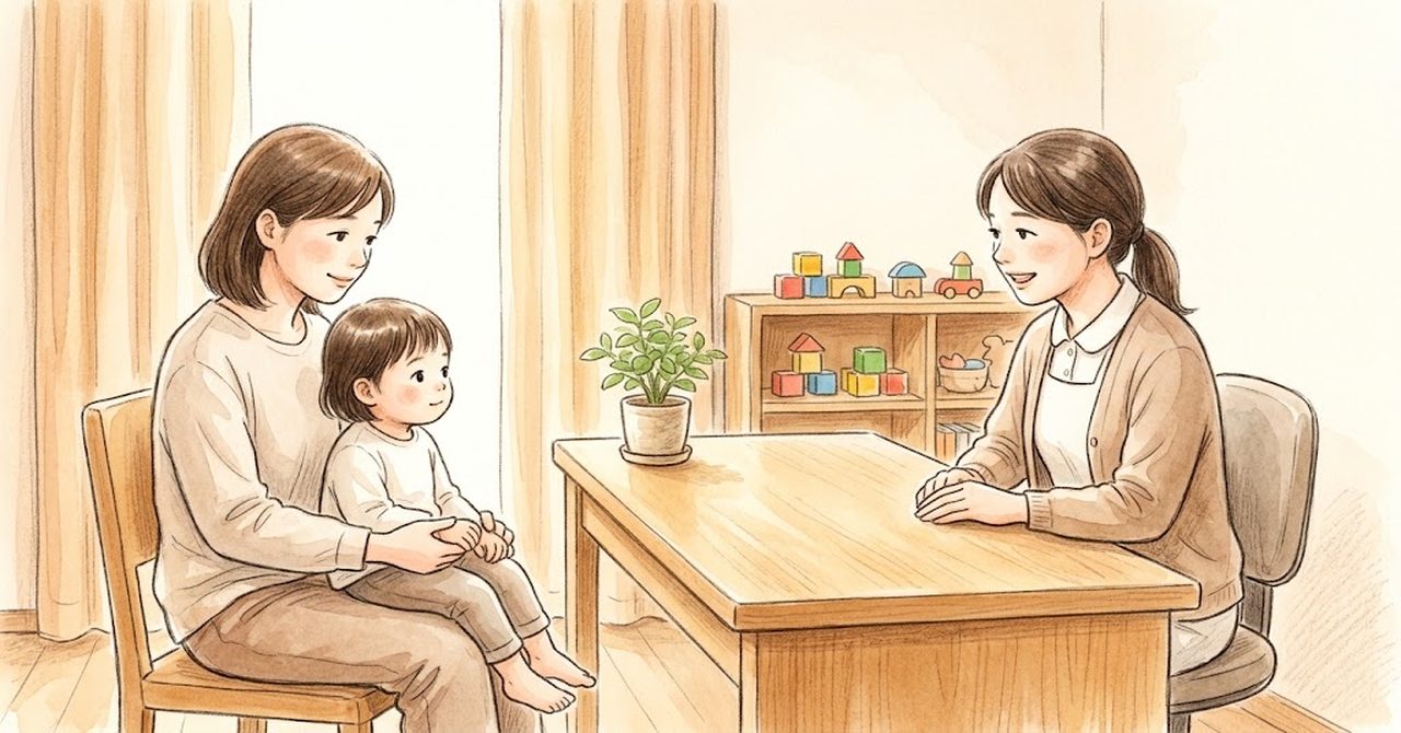 文京区の診療室で医師と相談する様子をやさしい色合いで描いた見出しの絵（文字なし）