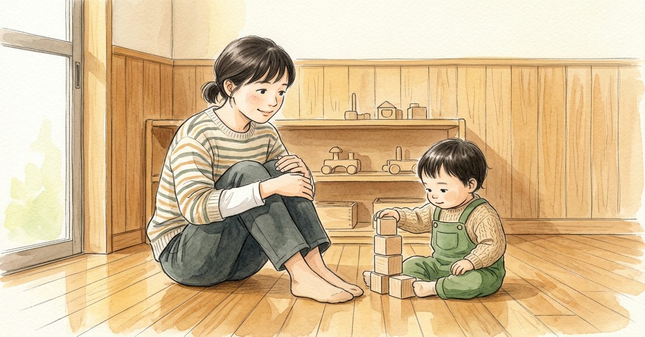 文京区の公園で子どもと過ごす家族をやさしい色合いで描いた見出しの絵(文字なし)