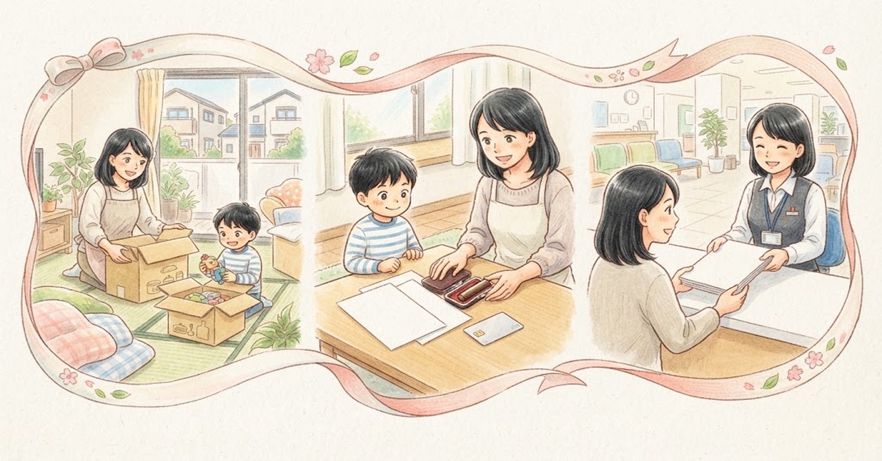中野区の引っ越しの手続きの流れを順に示した絵(文字なし)