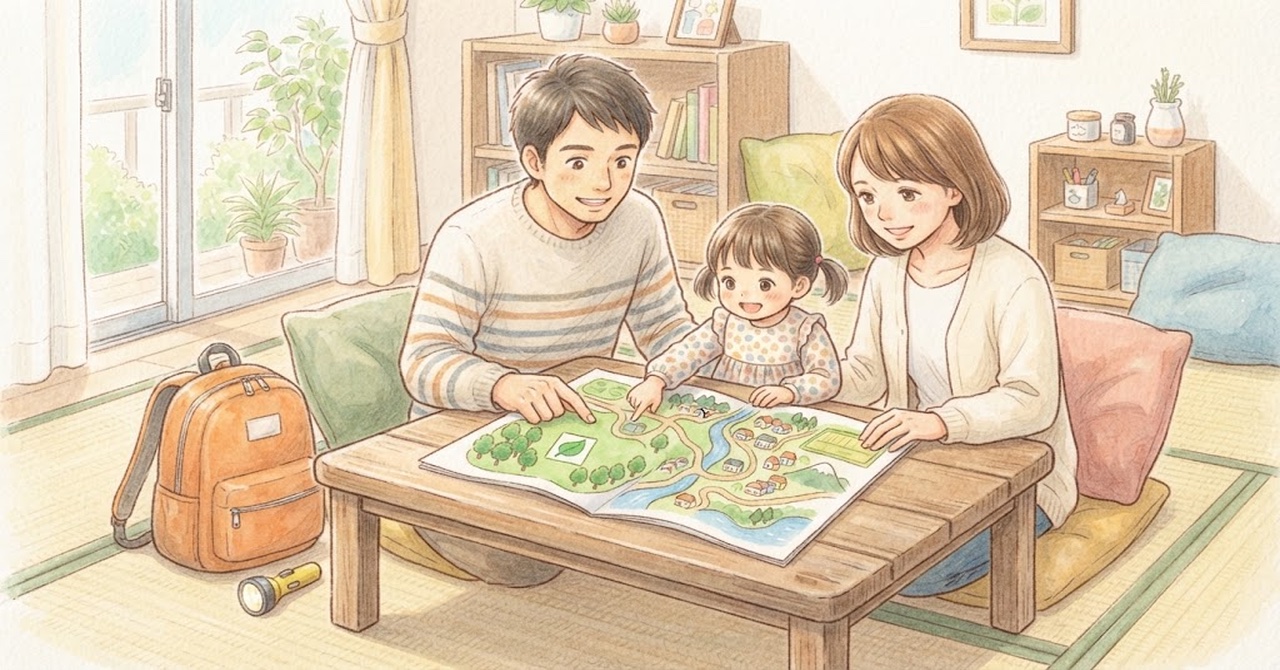 家族で防災地図を広げて避難所を確かめる絵（文字なし）
