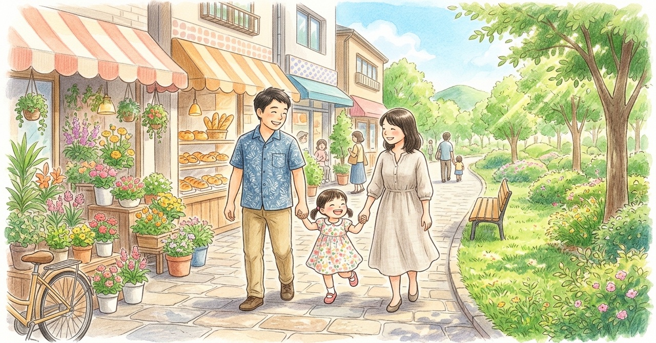 商店街と公園の道を歩く家族を描いた見出しの絵（文字なし）