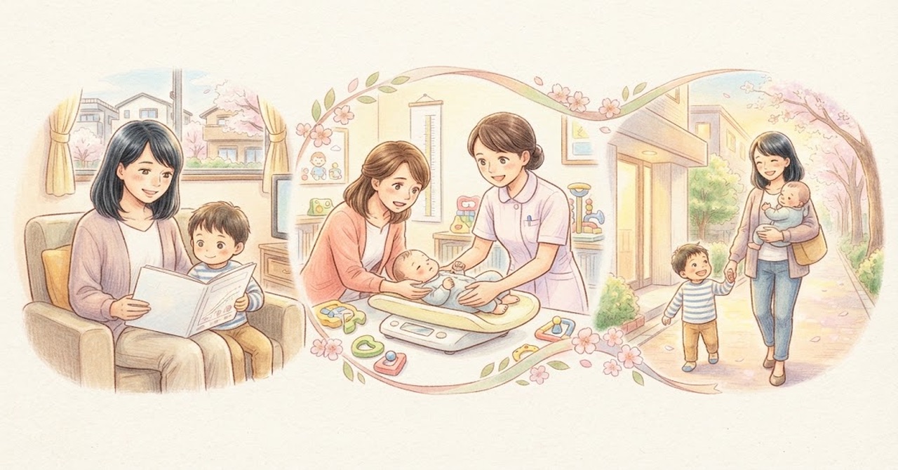 中野区の子育ての手続きの流れを順に示した絵(文字なし)