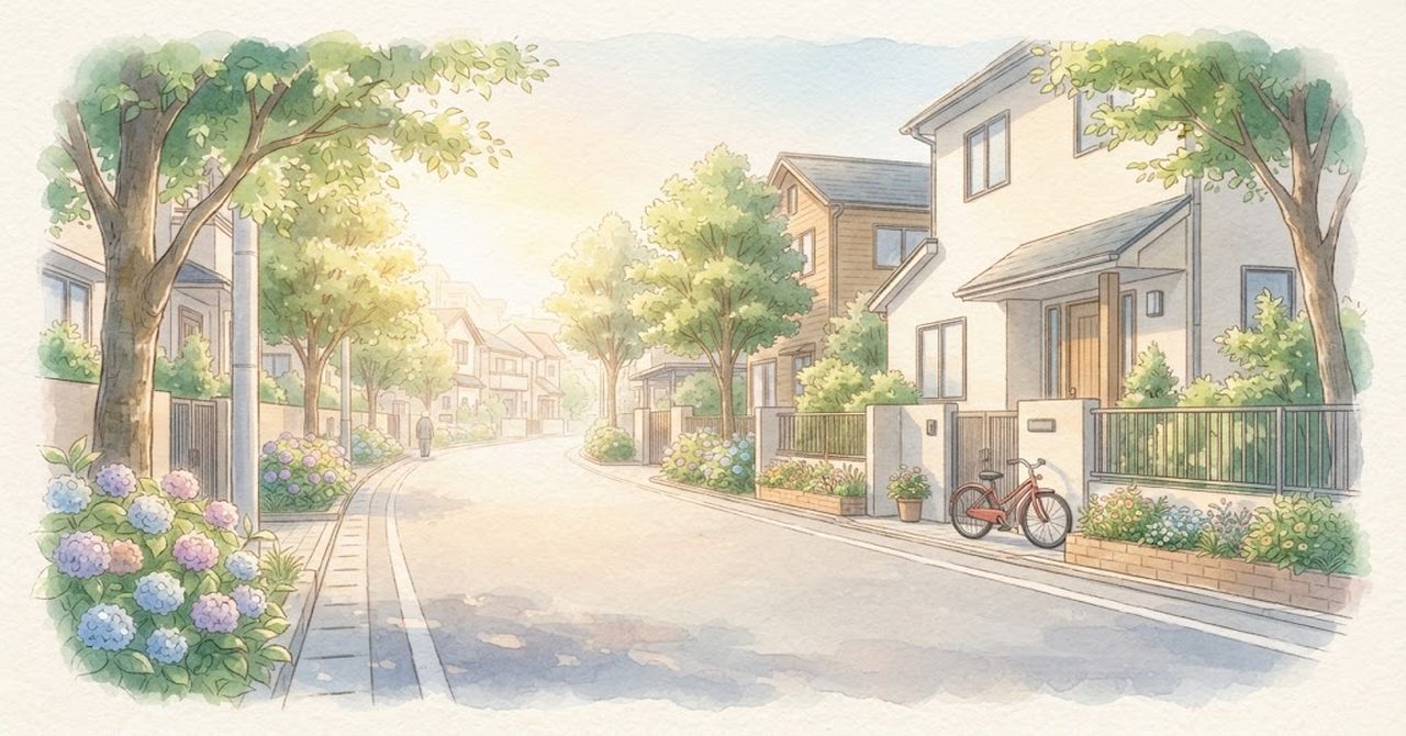 世田谷区の街並みと防災体制をやさしい色合いで描いた見出しの絵(文字なし)