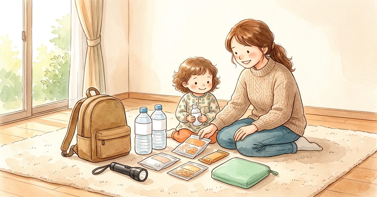 家族で防災備蓄品を確認する様子をやさしい色合いで描いた手順の絵(文字なし)