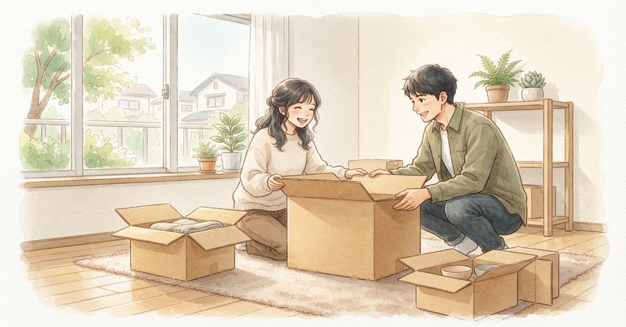 世田谷区の新居リビングで荷解きをする家族をやさしい色合いで描いた見出しの絵（文字なし）