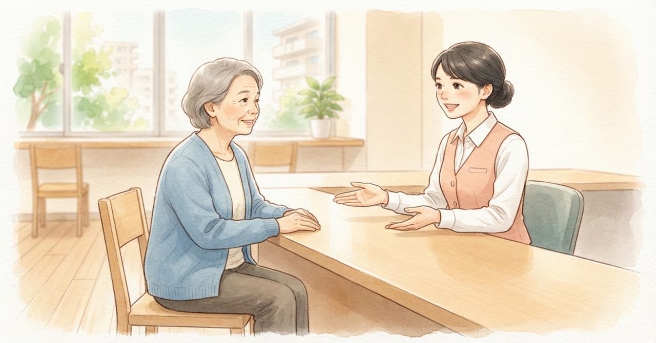区役所の窓口で手続きの案内を受ける様子をやさしい色合いで描いた手順の絵（文字なし）
