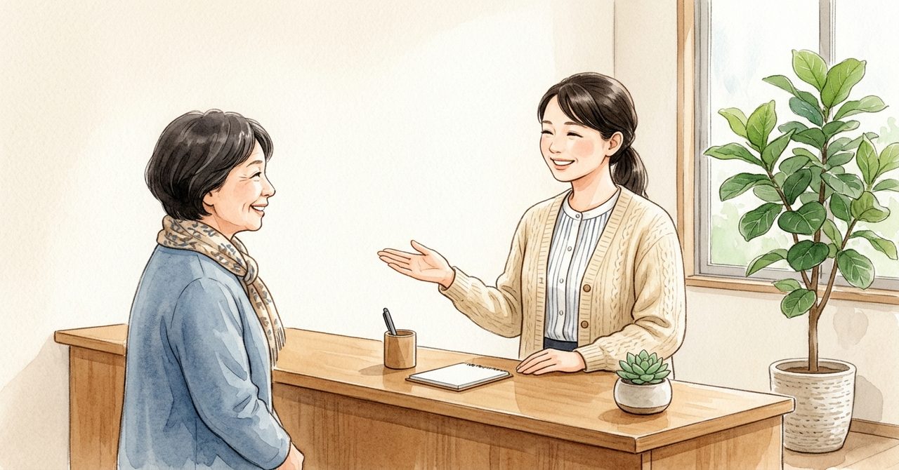 世田谷区役所やくみん窓口の案内をやさしい色合いで描いた手順の絵(文字なし)