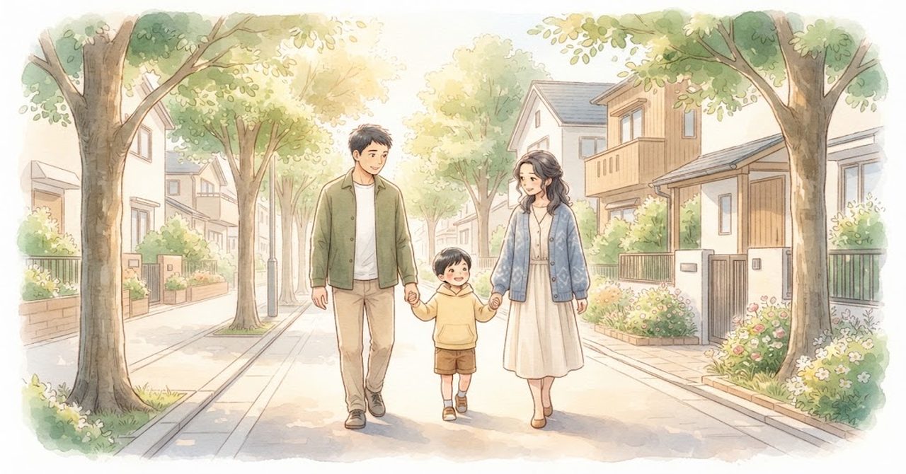 世田谷の並木道をやさしい色合いで描いた見出しの絵(文字なし)