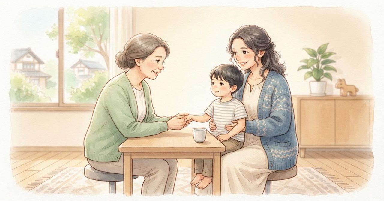 世田谷区の診療室で医師と話す様子をやさしい色合いで描いた見出しの絵(文字なし)