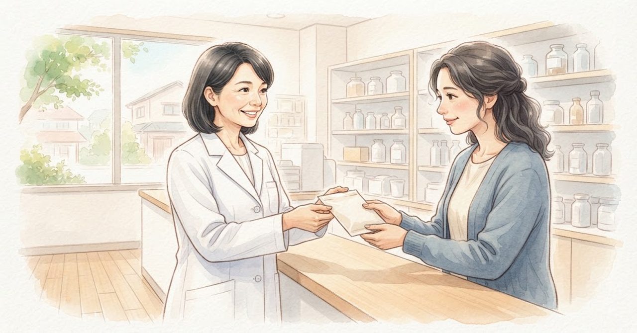 薬局窓口の様子をやさしい色合いで描いた手順の絵(文字なし)