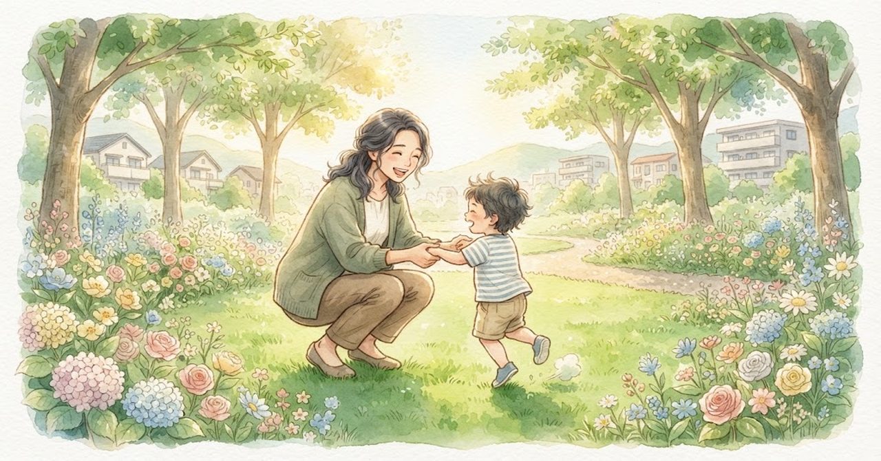 世田谷区の公園で子どもと過ごす家族をやさしい色合いで描いた見出しの絵（文字なし）