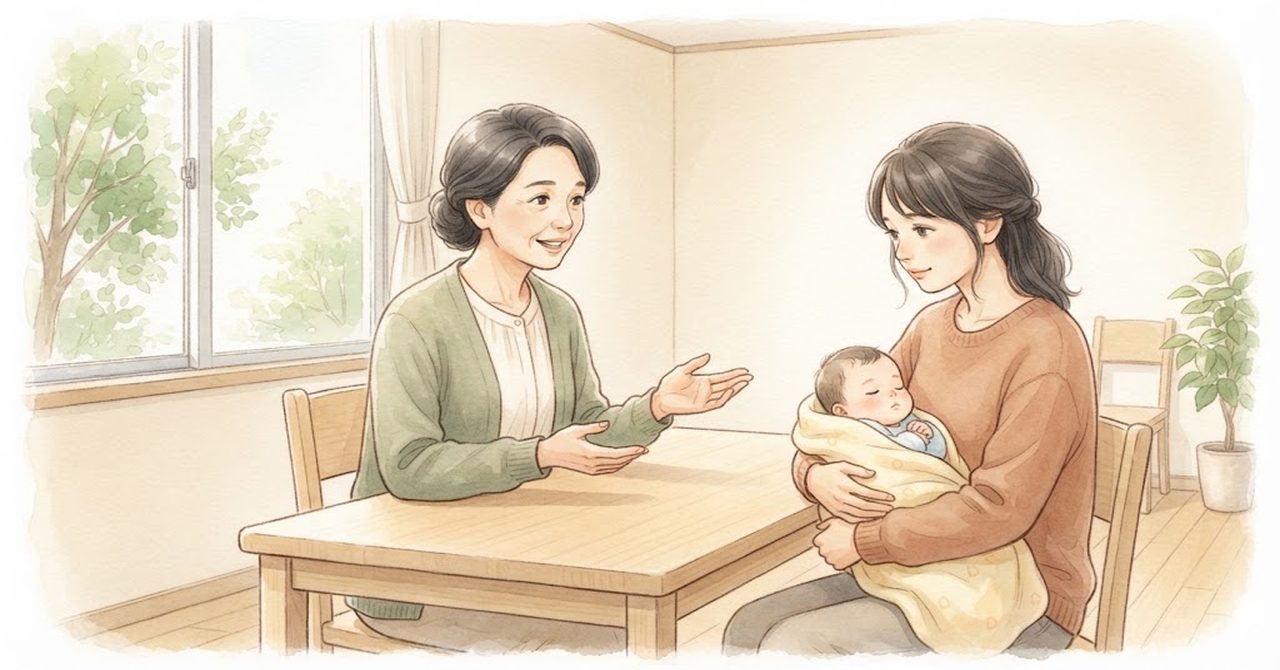 子育て相談窓口で相談を受ける様子をやさしい色合いで描いた手順の絵（文字なし）