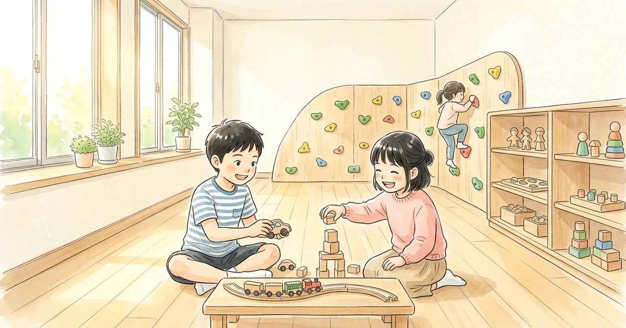 新宿区立子ども総合センターの児童コーナーで過ごす子どもと保護者をやさしい色合いで描いた見出しの絵(文字なし)