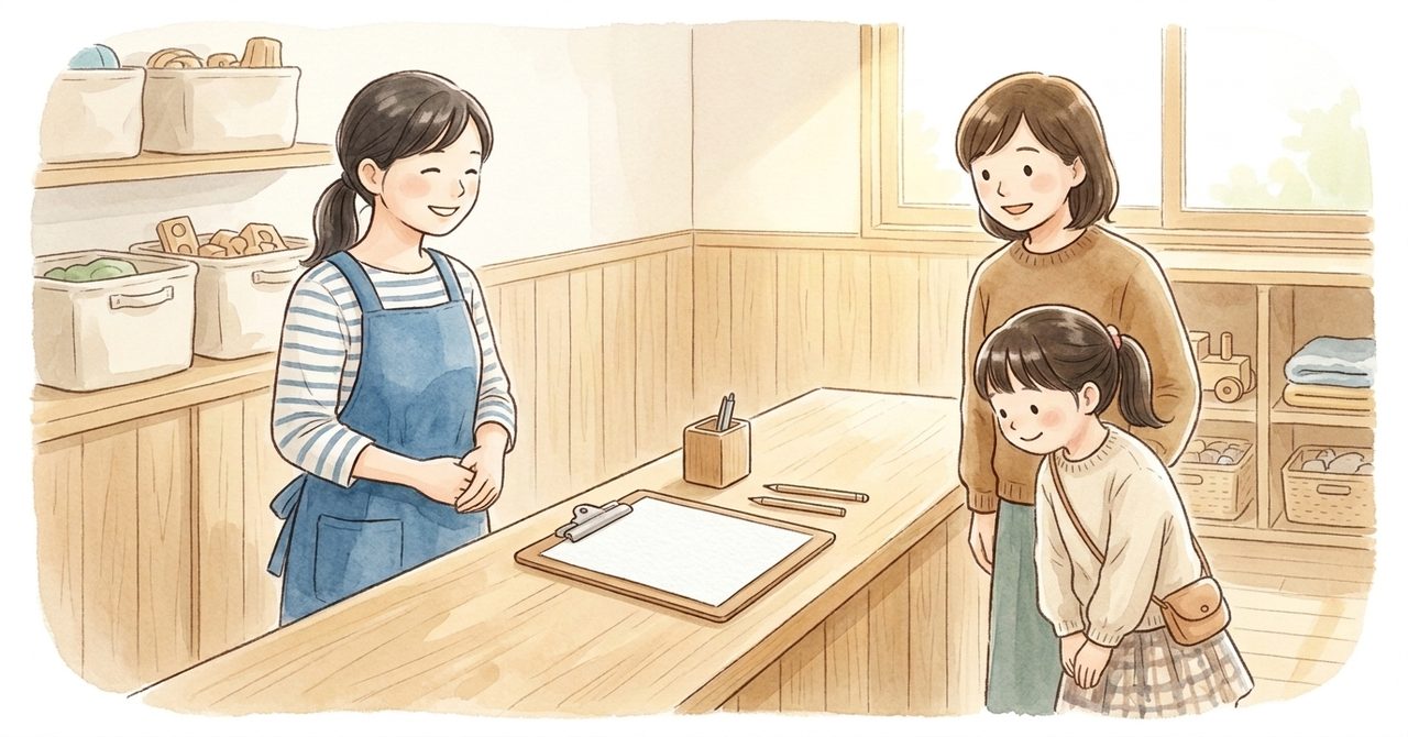 児童コーナーの受付で利用証を作成し入館ボックスに入れる手順をやさしい色合いで描いた手順の絵(文字なし)