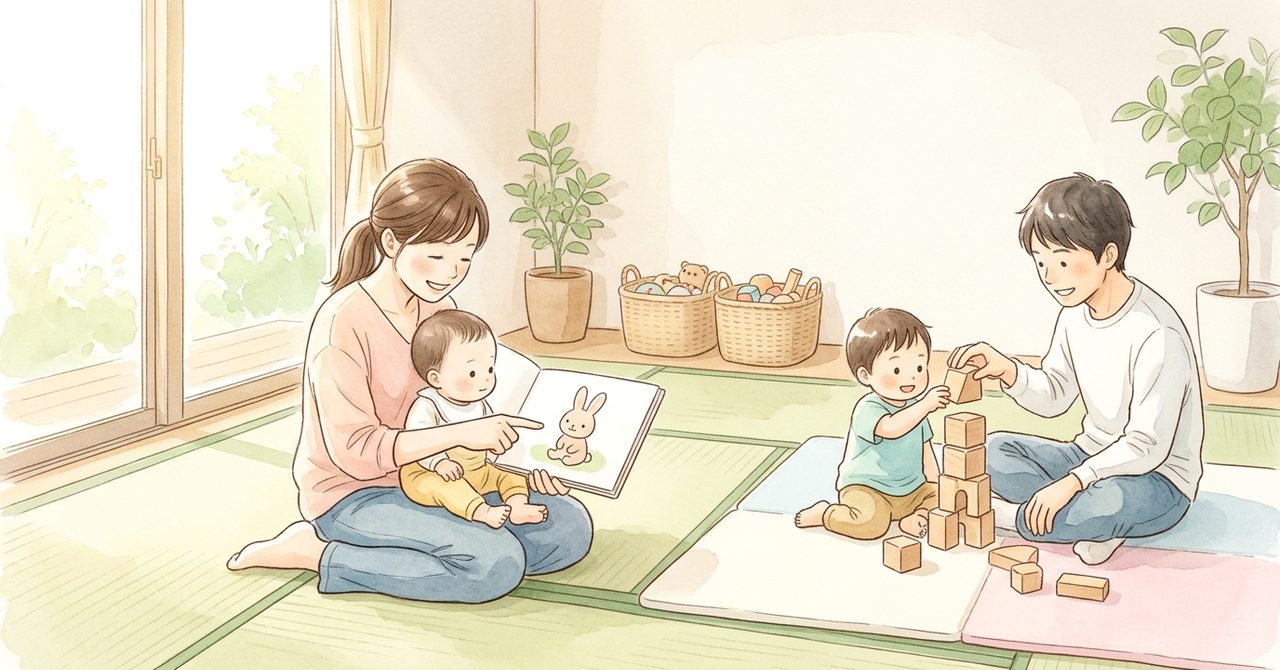 新宿区立子ども総合センターの親と子のひろばで乳幼児と保護者がゆったり遊ぶ様子をやさしい色合いで描いた見出しの絵（文字なし）