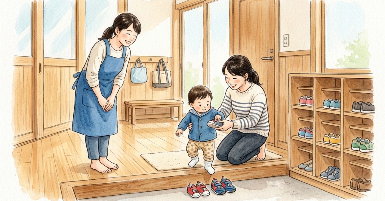 親と子のひろばの受付で利用証や臨時入館証を提出して入館する手順をやさしい色合いで描いた手順の絵（文字なし）