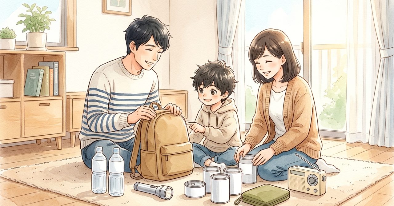 リビングで無地の非常持ち出し袋・防災グッズを点検する日本の家族をやさしい水彩画調で描いた見出しの絵