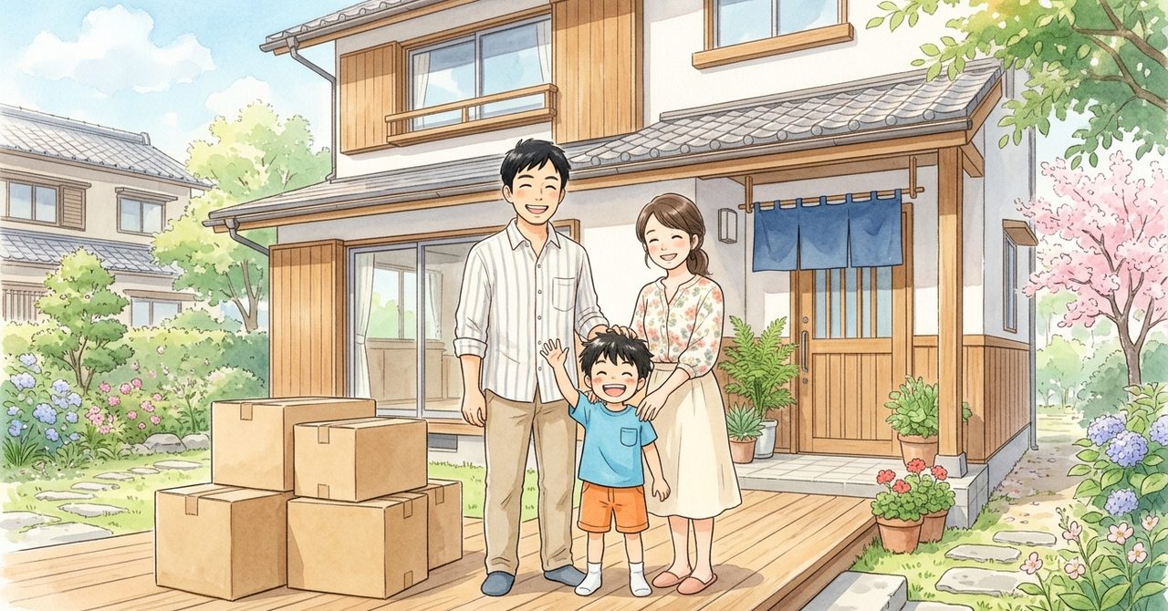 新居の前で無地の引越し段ボールを前に笑顔を見せる日本の家族をやさしい水彩画調で描いた見出しの絵