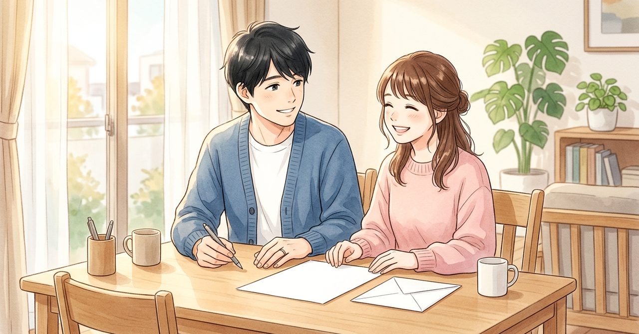 明るいリビングで白紙の書類を確認し合う日本の若い夫婦をやさしい水彩画調で描いた手順の絵