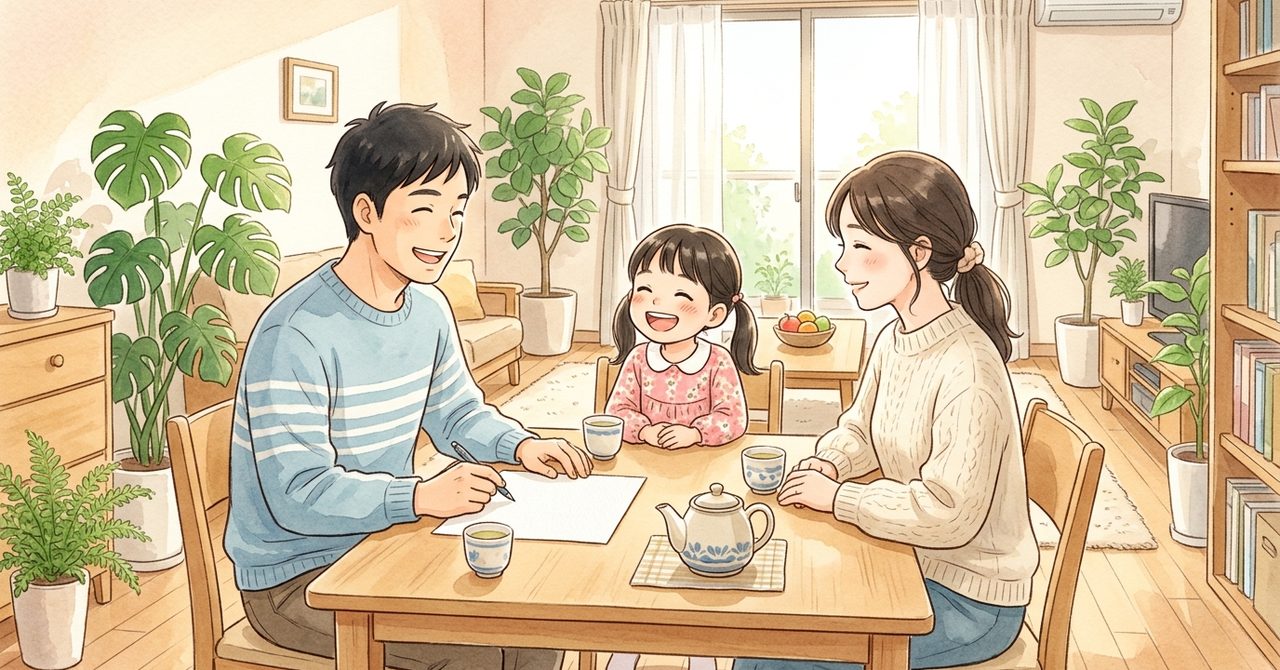 明るいリビングでテーブルを囲み新生活を計画する日本の家族をやさしい水彩画調で描いた生活ガイドの絵