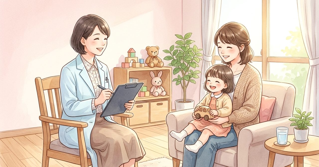 清潔な小児科診察室で女性医師に穏やかに相談する日本の母親と子をやさしい水彩画調で描いた見出しの絵