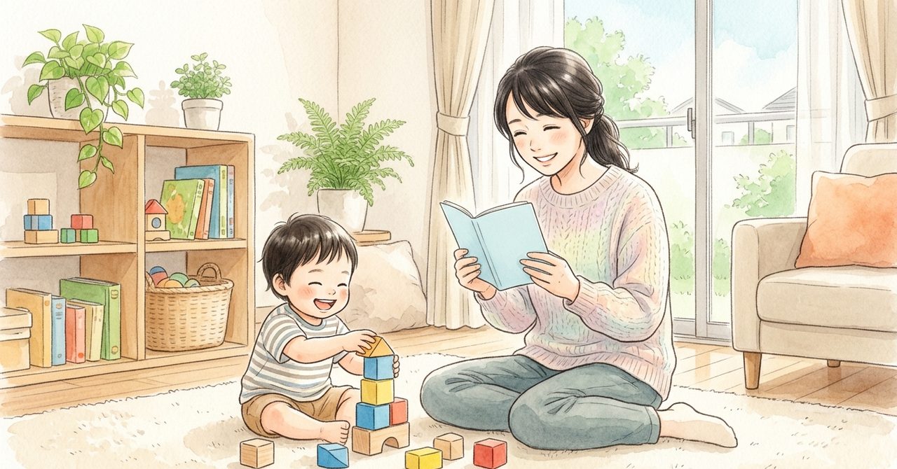 リビングで無地の手帳を手に安心する日本の母親と元気な子どもをやさしい水彩画調で描いた手順の絵