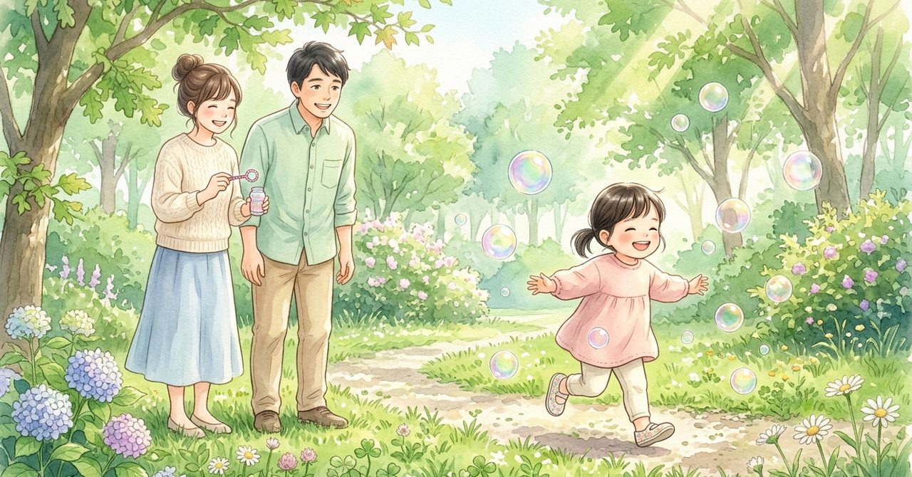 緑豊かな公園で元気に遊ぶ小さな子どもを見守る日本の両親をやさしい水彩画調で描いた見出しの絵