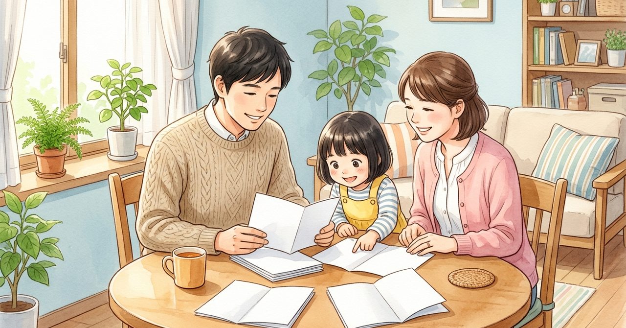 明るいリビングで白紙の案内資料を囲み笑顔で話し合う日本の家族をやさしい水彩画調で描いた手順の絵